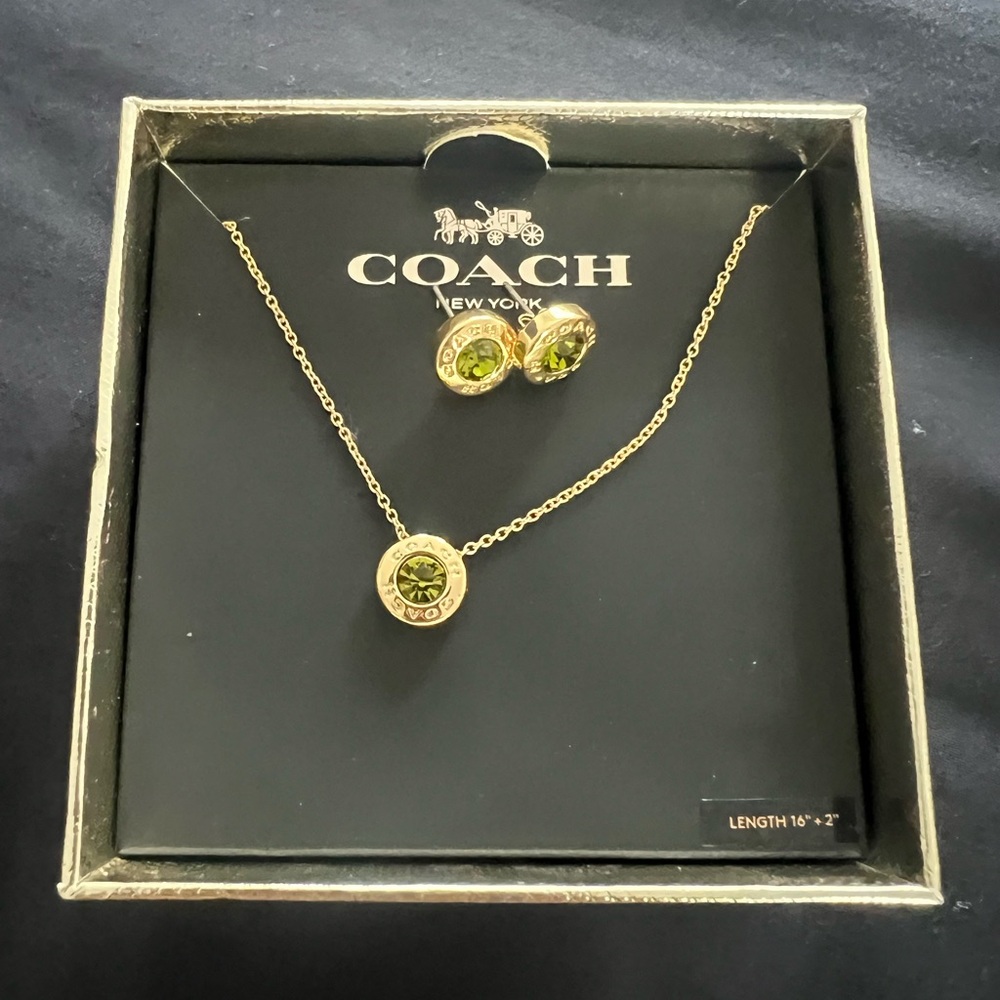 Coach Gold Necklace with Green Accents and matching earrings.